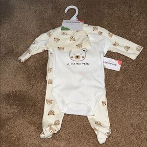 3 month Baby 4 Piece Set Petit Lem Cream and White Bear Print Footie